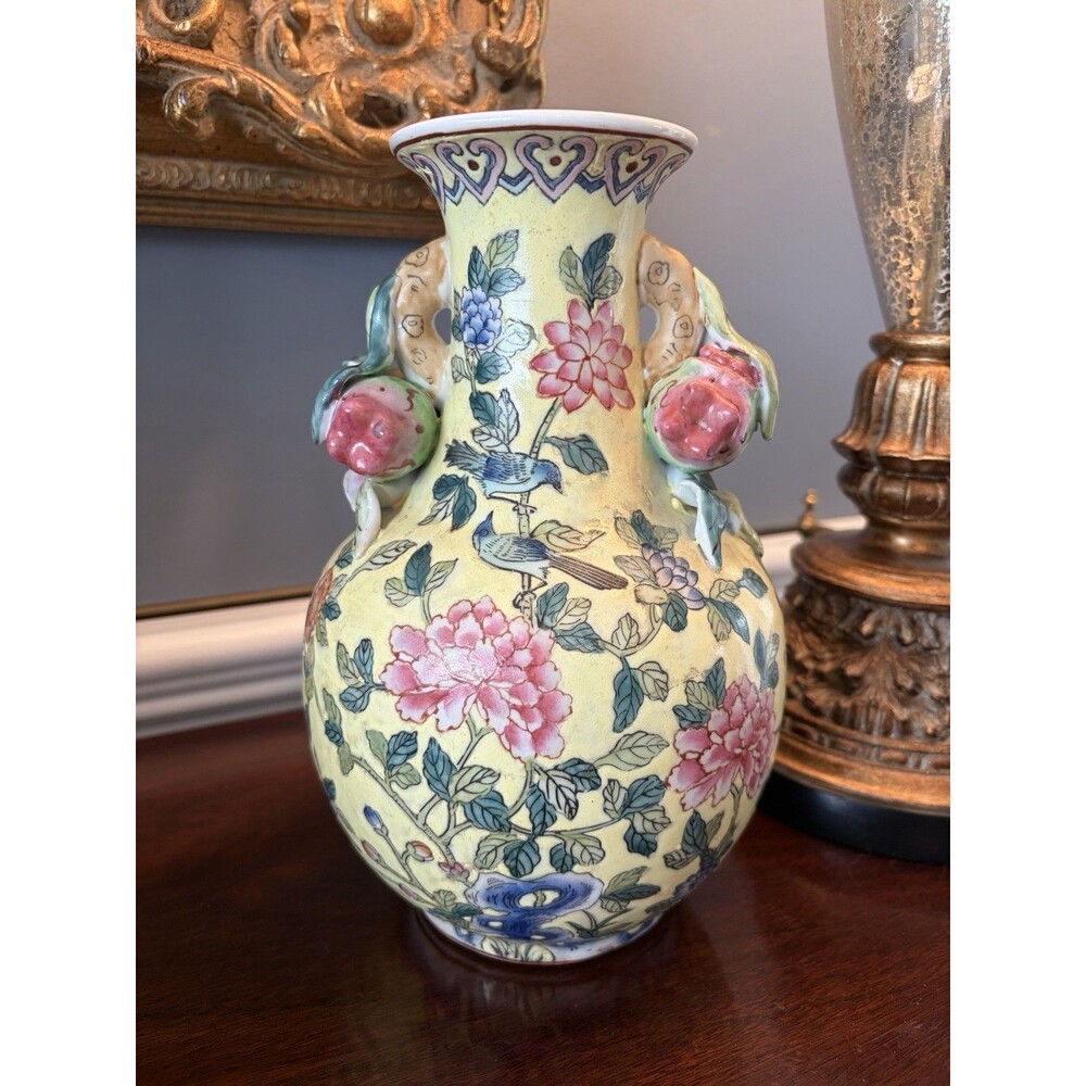 Andrea by Sadek Floral Peony Vase Double Peach Handles Famille Jaune 9.25"